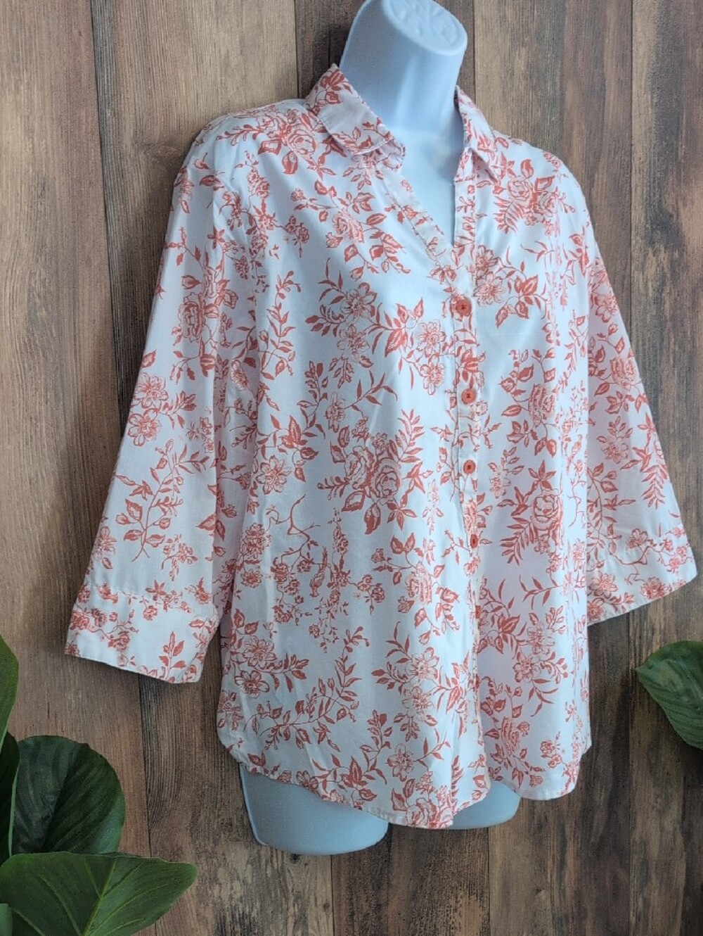 Blair White Blouse with Coral Floral Print Button Down Shirt L 557A